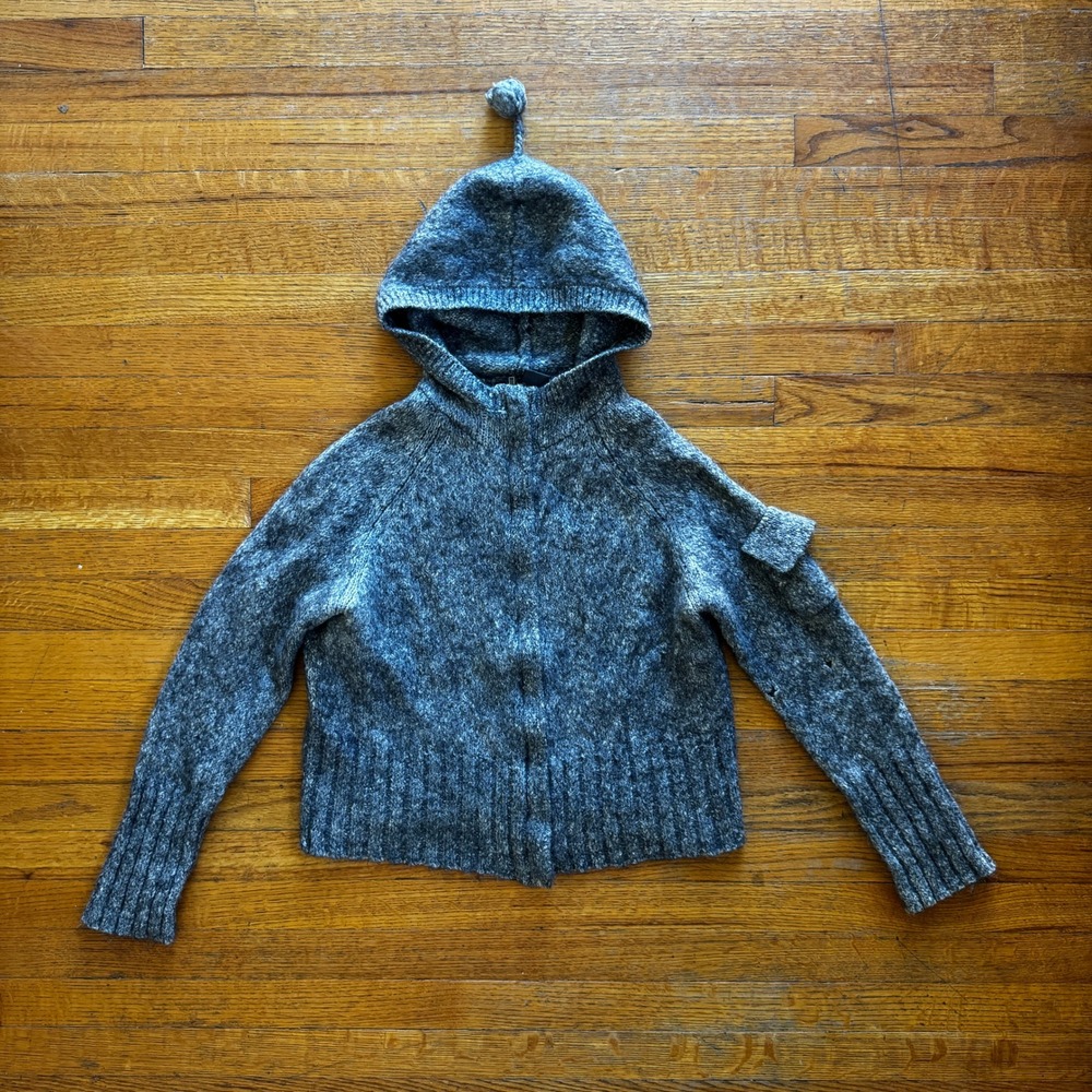Banana Republic Mohair Blend Hooded Pom‎ Pom Cardigan Sweater Gray Marl Womens M